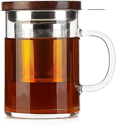 COMI Tea Cup with Infuser Walnut Lid&Handle, Glass Tea Cups with Wide Mouth Extra Large Capacity, Stainless Steel Tea Infuser Mug for Loose Leaf Tea Steeping(14oz/400ml) by COMI