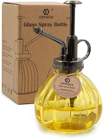 OFFIDIX Yellow Glass Watering Can Indoor, 6.3" Tall Vintage Style with Bronze Plastic Top Pump One Hand Spray Bottle by Offidix