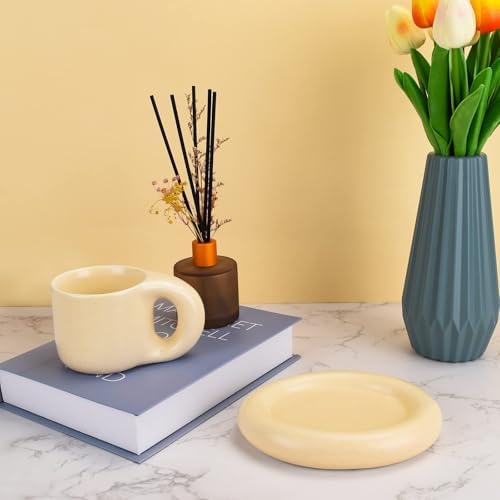 Koythin 10oz Chubby Handle Ceramic Mug Set With Saucer, Milky Apricot - Image 4