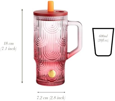 20 oz Pink Glass Tumbler with Handle, Lid, Straw and Cover, Dishwasher Safe Cup for Iced Coffee, Water, Tea, Juice, Milk - Image 2