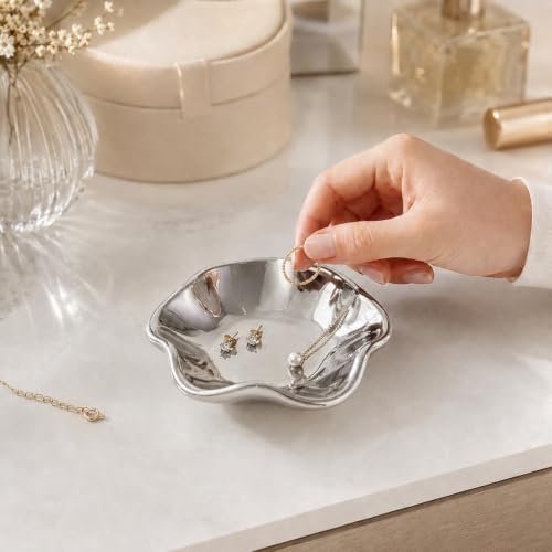 Ceramic Jewelry Tray, Lotus Leaf Ring Dish, Trinket tray Necklace Earrings small jewelry dish, Decorative Bowl for Dresser and Nightstand, Key Tray for Entryway, Gifts for Women, Silver - Image 5