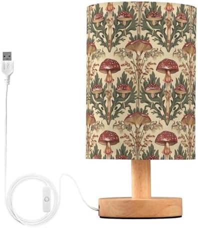 Fustylead Farmhouse Vintage Mushroom Table Lamp for Bedroom USB Port Lamps Small Accent Table Lamp Nightstand Lamp Sturdy Linen Shade Wooden Base Decorative Lamps for Bedside Reading|Kids|Dorm|Home by Fustylead