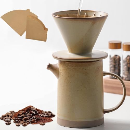 DIF DECO Pour Over Coffee Maker Set Vintage Ceramic Pour Over Coffee Dripper Set with 20 Count Paper Coffee Filters,for Home Café Restaurant Camping,15.8 Ounces(Yellow) by DIFDECO