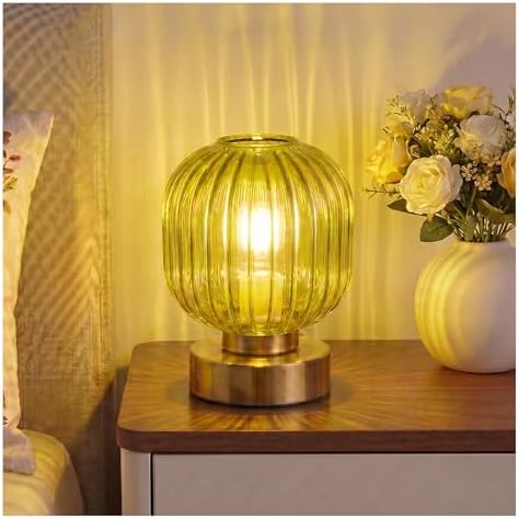 Elenhome Green Touch Glass Table Lamp, 3-Way Dimmable Bedside Lamp, Vintage Mid-Century Modern Small Nightstand Lamp for Bedroom and Living Room, Ambient Mood Lighting, LED Bulb Included by Elenhome