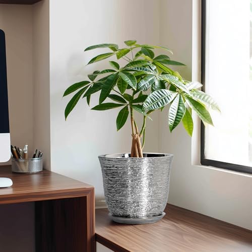 Ceramic Pots for Plants, 8 Inch Plant Pot with Drainage, Silver - Image 3