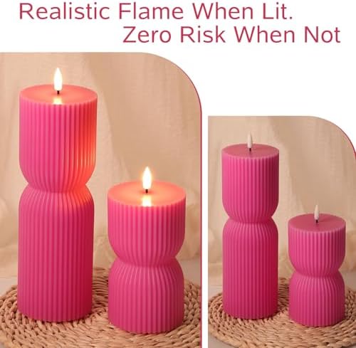 Hot Pink Ribbed Flameless Pillar Candles with Remote Set of 2 - Image 6