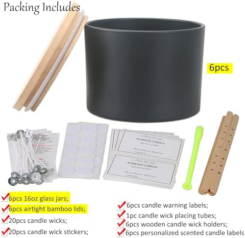 MILIVIXAY 6 Pack 16 oz Candle Jars with Bamboo Lids and Candle Making Kits - 3 Wick Candle Jar,Bulk Empty Matte Black Thick Glass Jars for Making Large Candles - Spice, Powder Containers. - Image 2