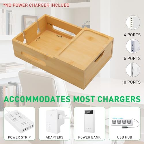 Bamboo Charging Station for Multiple Devices, Desktop Wood Charger Organizer with Drawer & Tray -Included 6 Cables, Compatible with Multi Devices, Cell Phone, Tablet, Earphones (No USB Charger) - Image 5