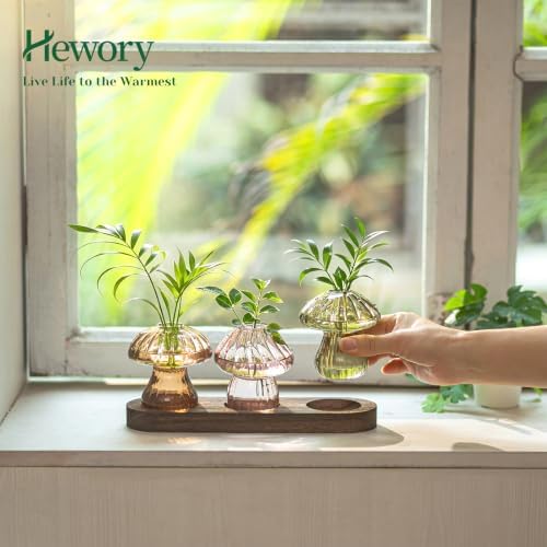 Hewory Plant Propagation Stations: 3PCS Amber Mushroom Vase with Wood Tray - Image 2