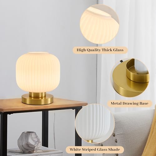 White Glass Table Lamp,Vintage Gold Base Ribbed Bedside Lamp - Image 5