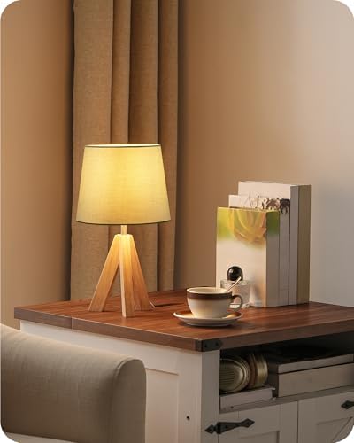 Tripod Table Lamp, Small Bedside Lamp with Wood Base & Green Fabric Shade, Little Cute Desk Lamp, Modern Nightstand Lamp for Bedroom, Kids Room, Living Room, Office, Corner, Green J51TL05 - Image 2
