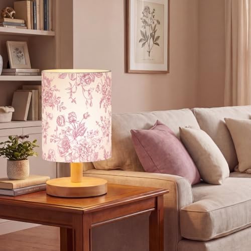 VIHOSE Pink Floral Kids Table Lamp for Bedroom Kids Bedside Lamp with Linen Wooden Nightstand Cartoon Nursery Lampshade for Girls Boys Living Room - Image 6