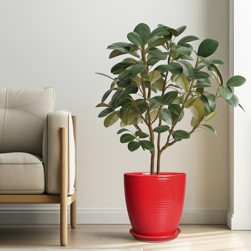 Ceramic Planter 10 Inch - Ceramic Pot for Plants Large Plant Pot Indoor with Drainage Hole and Saucer Round Outdoor Planter Modern Flower Pot for Garden House Red - Image 2