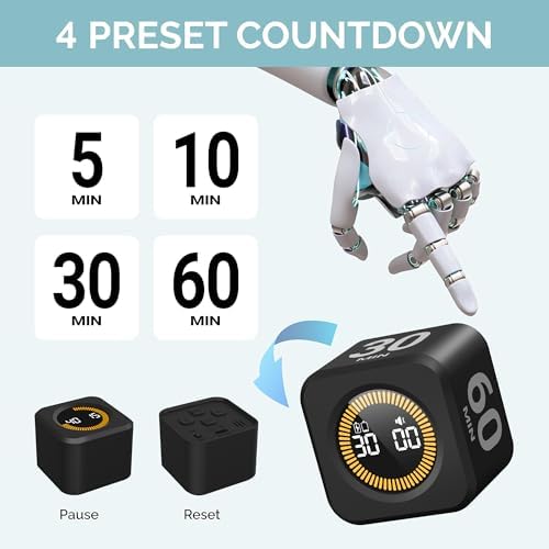 KADAMS Pomodoro Timer – Visual Cube with 5/10/30/60 Min Presets, LED Countdown Ring & Count Up Mode, Silent Flip Productivity Timer for Study, Classroom, Office, Cooking - Image 2