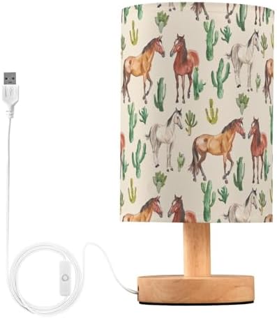 Fustylead Various Horses and Cactus Watercolor Bedside Table Lamps with USB Port for Bedroom Lamp Table Lamp Small Nightstand Lamp Linen Shade Wooden Base Decorative Lamps for Kids|Reading|Dorm|Home by Fustylead
