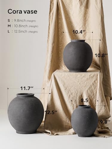 Black Ceramic Vase - Large 12.5 Inch Round Floor Vase for Centerpieces, Farmhouse Flower Vases, Rustic Minimalist Home Decor,Sandstone Dark Grey - Image 3