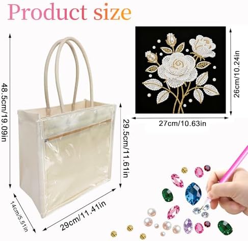 Xylzzuit DIY Pearl Painting Canvas Tote Bag Kit 11.42IN Diamond Art Handbag for Women Shopping Grocery Bag Dots Beads Art Craft Gift (Flower03) - Image 3