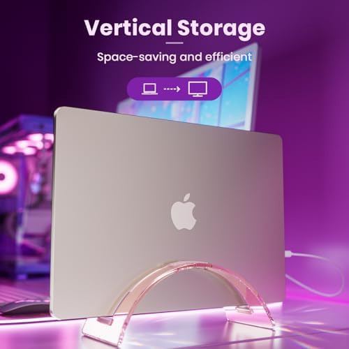 Acrylic Vertical Laptop Stand for Desk,Acrylic Invisible Desktop Notebook Dock,Vertical Laptop Holder Space-Saving Organizer for All MacBook, Surface, Samsung, HP, Dell-Pink… - Image 2