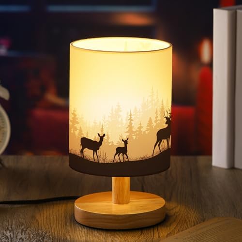 VIHOSE Bedside Table Lamp Table Lamp Vintage Nightstand with Linen Fabric Shade Solid Wood Base Decoration for Kids Living Room Bedroom Desk Dorm(Watercolor Forest Deer,Green) by VIHOSE