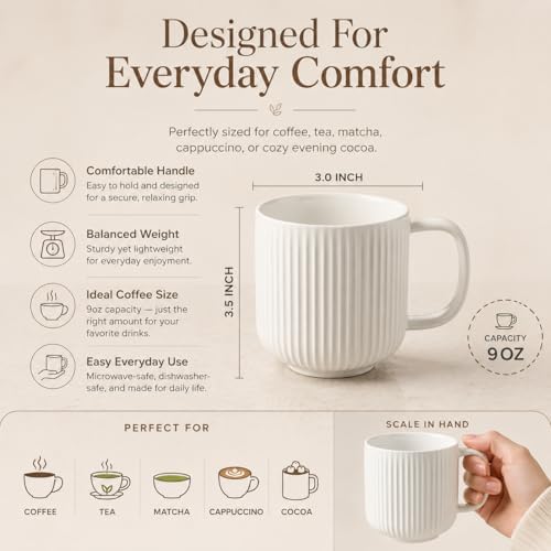 Ribbed Ceramic Coffee Mug Set of 4 – 9oz Minimalist Mugs for Coffee, Tea & Matcha | Microwave & Dishwasher Safe | Blush Pink, Sage Green, White, Charcoal Gray - Image 3
