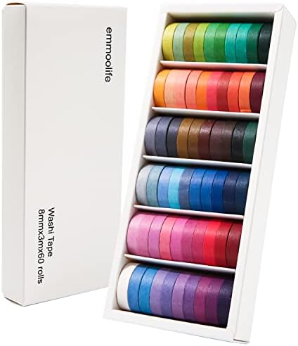 60 Rolls Washi Tape Sets 8mm Wide 10ft Long Basic Solid Color Rainbow Colored Decorative Thin Masking Tapes for Arts, Children Gifts, Bullet Journals, Wrapping Planner, Calendar, Scrapbooking DIY by emmoolife