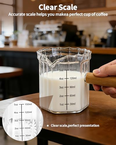 Espresso Measuring Cup 5 Oz, Espresso Glass Cups with Wood Handle, Milk Frothing Cup, Espresso Cup for Coffee, Milk, Tea or Maple Syrup Serving (Transparent, 5 oz) - Image 4