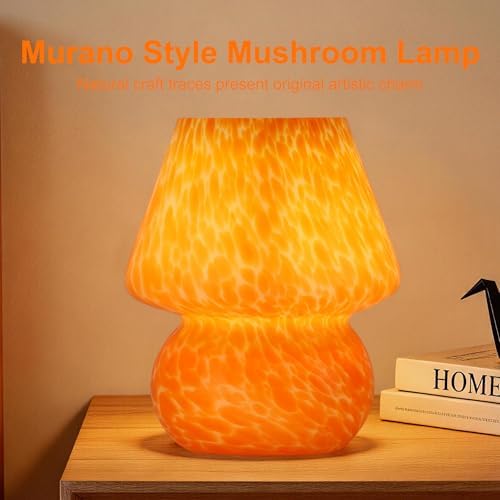 Mushroom Lamp with LED Bulb, Small Glass Bedside Lamp, Coral Orange - Image 6