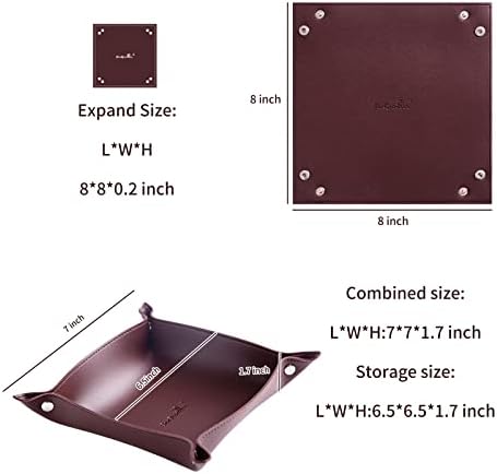 Leather Jewelry Valet Tray for Women and Man, Portable Entryway Table Tray Bedside Nightstand Desk Tray Small Catchall Travel Dish Plate for Key,Wallet,Watch,Coin(8x8, Deep Brown-B) - Image 2
