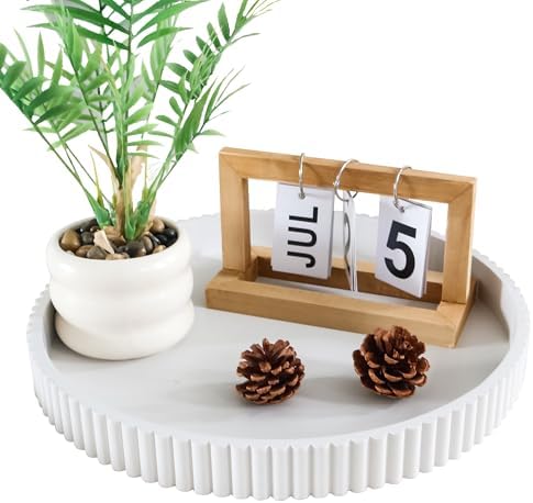 Round Decorative Tray for Coffee Table Decor, 11.8in White Decorative Serving Tray for Kitchen Counter,bandejas decorativas, Wooden Serving Tray for Party by Unknown