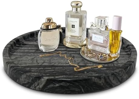 Travertine Tray, Small Ceramic Vanity Tray for Bathroom Counter Decor, Round Marble Decorative Trays for Coffee Table (Grey Black, Large Size) by Unknown