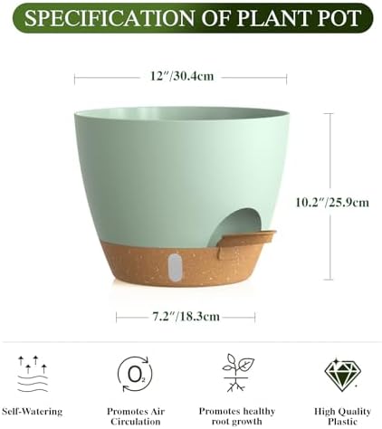 Plant Pots, 1 Pack 12 Inch Self Watering Pots with Drainage Holes, Water Level Indicator Deep Reservoir, Large Planters for Indoor Outdoor Plants - Green Brown - Image 2