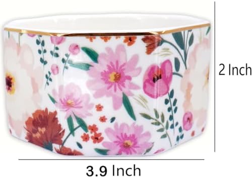 Ceramic Paper Clip Holder Gold Line Paper Clip Dispenser Organizer for Desk Cute Floral Pattern Office Binder Clip Holder Bobby Pin and Hair Clip Holder Gift for Office (White Pink) - Image 3