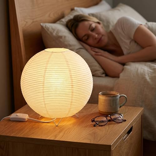 Totority Modern Paper Table Lamp, Japanese Lantern Style Bedside Night Light for Bedroom & Living Room, Minimalist Rice Paper Desk Lamp with Warm White E14 Bulb, Decorative Zen Home Lighting,US Plug - Image 4