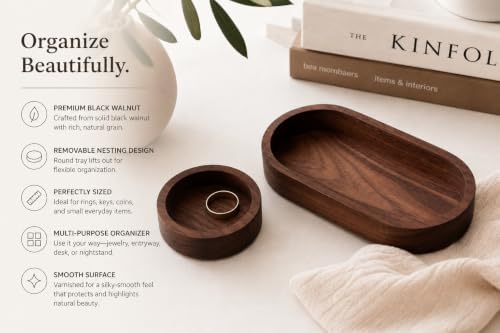 Black Walnut Oval Tray with Removable Round Dish – Solid Wood Jewelry Organizer, Ring Holder, Desk Valet, Minimalist Catchall Tray Set - Image 3