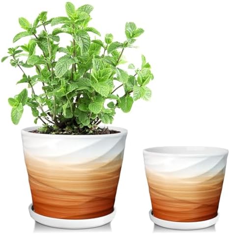 Ceramic Plant Pot, 6.7 + 5.5 Inch, Khaki + White by YUFDA