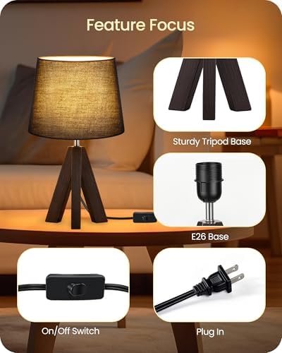 Small Table Lamp for Bedroom, 14.6" Bedside Lamp with Black Linen Shade & Walnut Wood Tripod Base, Modern Nightstand Lamp, Blak Lamp for Living Room, Nursery, Entryway, E26 Socket, VB51TL05 - Image 6