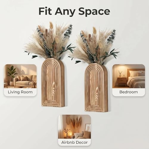 Set of 2 Wooden Wall Vases with Dried Pampas Grass & Eucalyptus, Boho Farmhouse Decor for Living Room, Entryway, Bathroom, Rustic Home Art(Brown) - Image 4