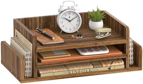 Wooden Desk Organizer, 3-Tier Paper Trays with 2 Mail Sorters, Dark Brown by SUPEASY