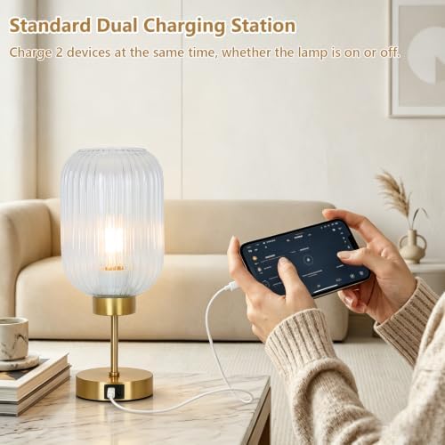 LAMSU Vintage Gold Touch Table Lamp, Small Desk Lamp with Clear Glass Shade, Bulb, Charging Port, Mid Century Modern Bedside Lamp, 3 Way Dimmable Nightstand Lamp for Bedroom Living Room Home Decor - Image 6