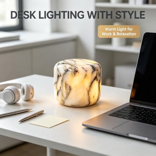 Natural Marble Lamp Cordless Touch Control Night Light 3-Way Dimmable Pat Light LED Ambient Glow Lamp Type-C Rechargeable Portable Stone Bedside Desk Lamp Zen Home Decor (Gold Calacatta) - Image 4
