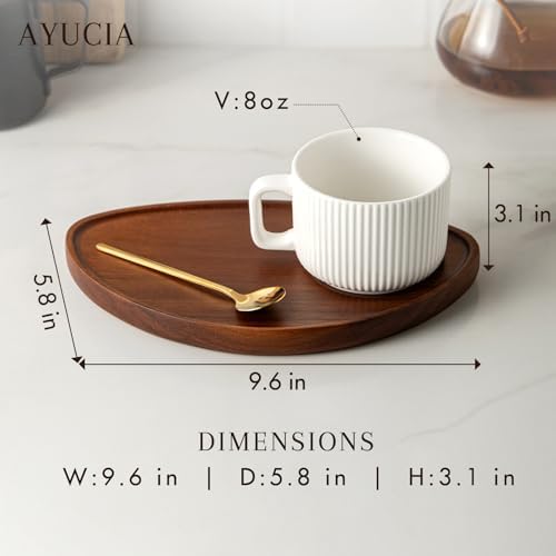 Pretty Ceramic Coffee Cup with Solid Wood Plate Set for Tea/Coffee Break, 8OZ White Cappuccino Cup with 9.4inch Acacia Serving Saucer and Spoon for Latte Dessert Breakfast - Image 4