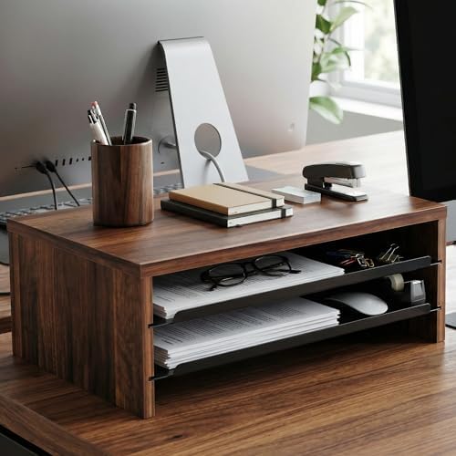 Fenge 14.3-Inch Monitor Stand with Slide-Out Trays, Wood & Metal Desk Shelf - Image 6