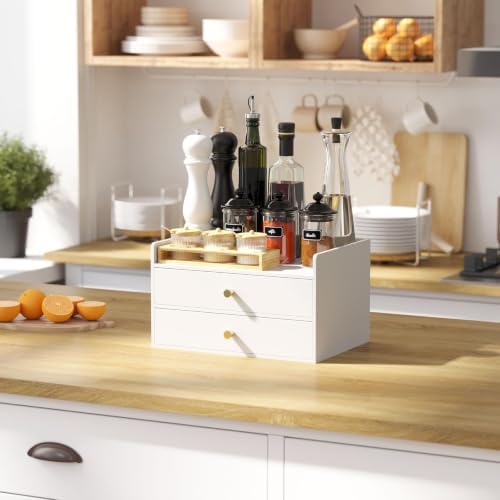 Bamboo Desk Organizer with Drawers,Wooden Desktop Storage(2 Drawers,White) - Image 4