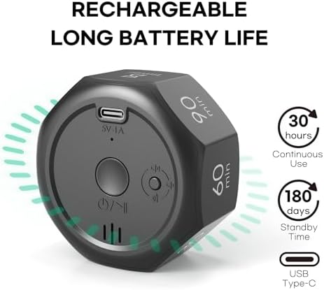 Flip Cube Pomodoro Timer - Rechargeable Visual Countdown & Count Up Stopwatch, 7 Preset Intervals, 3 Alarm Modes, Productivity Tool for ADHD, Kids, Study, Work & Kitchen (Gray) - Image 5