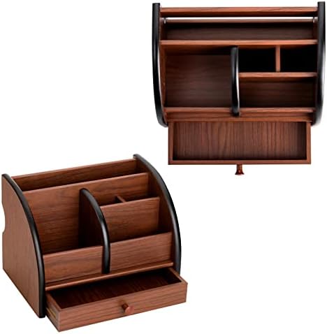 Foraineam Wooden Desk Organizer with Drawer, Remote Control Holder Caddy, Makeup Organizers, Wood Pencil Holder Desktop Supplies and Stationery Rack for Home Office School Tabletop Accessories Storage - Image 2