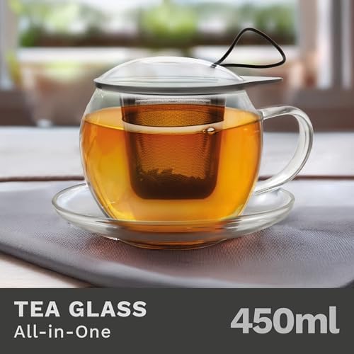 Creano Jumbo Tea Cup with Handle and Integrated Stainless Steel Strainer, Glass lid and Saucer - 15oz (450ml) - Image 2