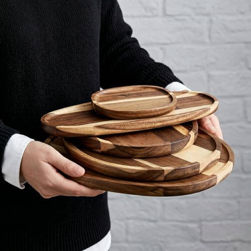 Okllen Set of 5 Small Acacia Wood Serving Platter and Trays, Irregular Oval Solid Wood Plates Serving Tray, Lightweight Wood Dinner Plates for Breakfast, Coffee, Tea, Snack, 6.3~11.7" L, 5.1~8.2" W - Image 5