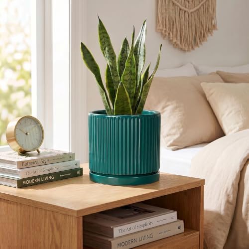 Ceramic Planter, 6 Inch Pots for Plants with Tray, Blackish Green - Image 4