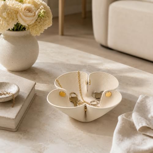 Grained Faux Leather Flower Shaped Valet Tray Large, Beige - Image 6