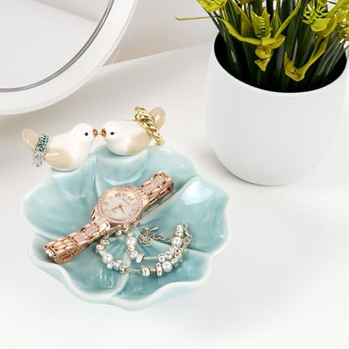 Fordonral Ceramic Jewelry Tray Trinket Dish Decorative Cute Bird & Lotus Leaf Ring Holder Dish Aesthetic Room Vanity Decor (Blue) - Image 3